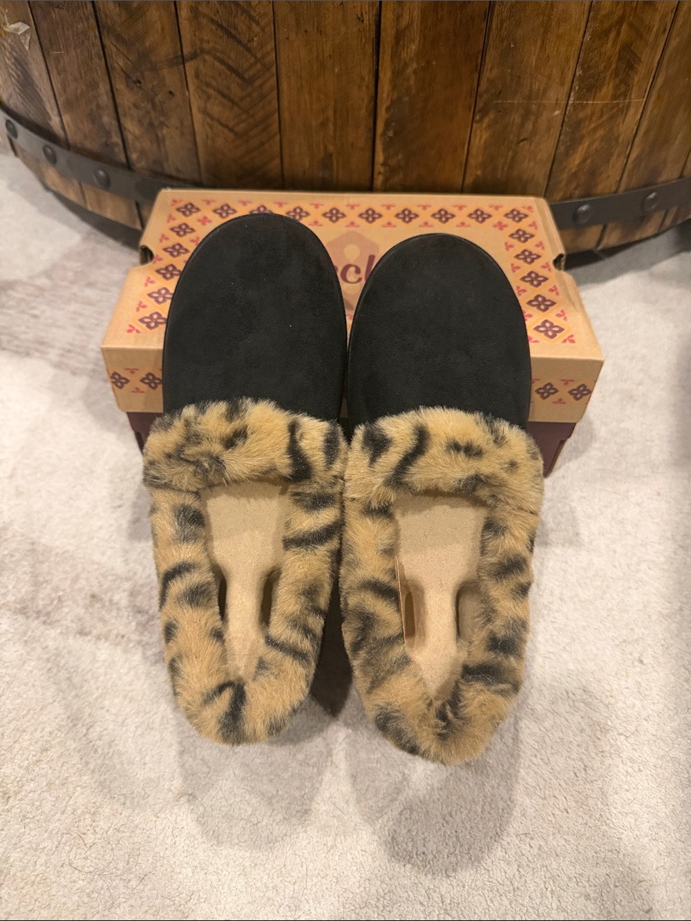 Skechers Black Slip-On Slippers with Leopard-Print Faux Fur Collar